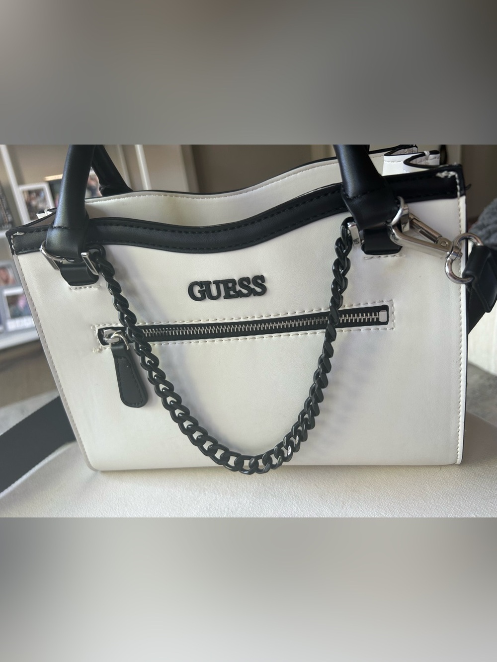 GUESS White and Black Satchel Purse with Chain Detail